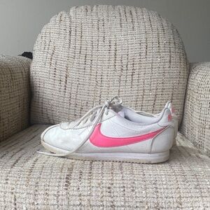 Nike White Cortez Sneakers with Hot Pink Swoosh